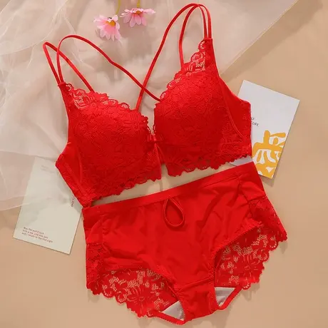 本命年内衣套装女龙年红色新娘结婚收副乳无钢圈薄款聚拢美背文胸商品大图