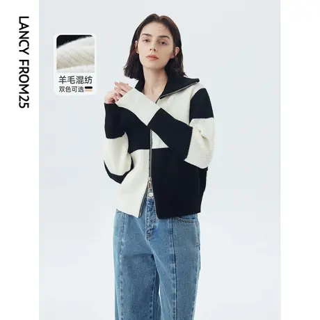 朗姿纯羊毛设计感polo领别致小众独特秋冬新款毛针织衫女开衫外套商品大图