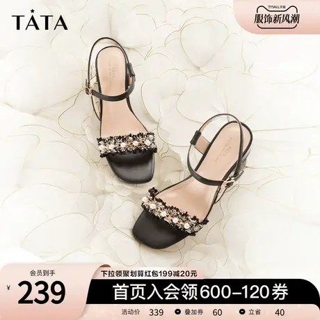 Tata他她一字带小香风粗跟凉鞋女夏法式仙女高跟鞋新百搭3LR02BL2商品大图