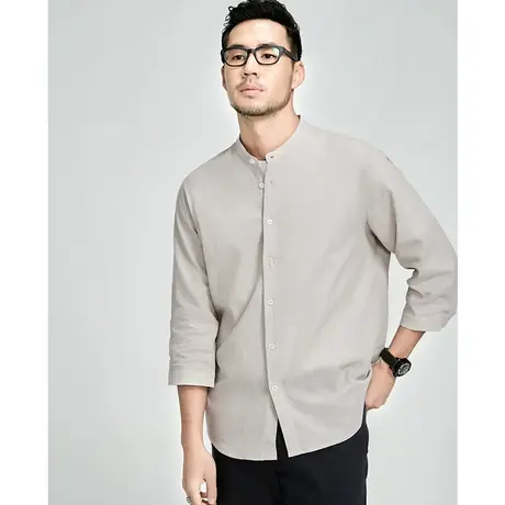 格慕施立领七分袖亚麻衬衫男士日系休闲宽松寸衫中袖圆领棉麻衬衣图片