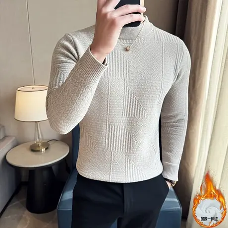 一体绒加厚针织衫男冬季保暖提花打底毛衣修身百搭半高领套头线衣图片