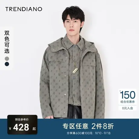 TRENDIANO官方潮牌春秋男装全棉仿牛仔TR提花连帽休闲夹克外套男图片