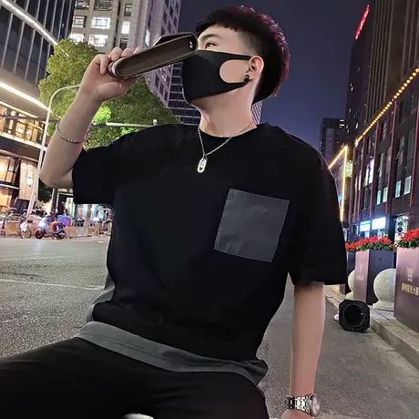 夏季网红ins潮牌潮流短袖T恤男2023流行拼接假两件百搭圆领半袖商品大图