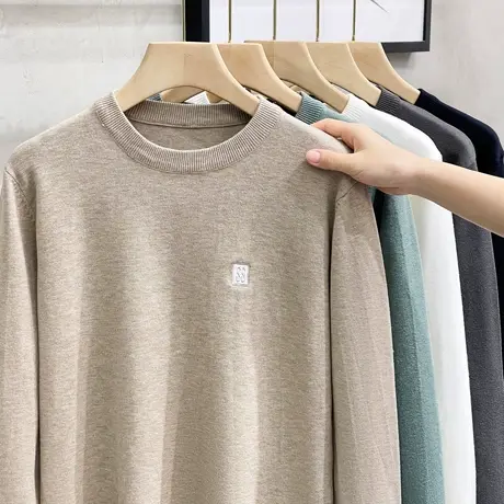 高级感不起球刺绣冬季保暖打底内搭圆领纯白色毛衣男修身针织衫男图片