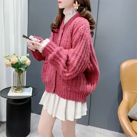 慵懒风粗针毛线针织开衫女2023秋冬新款宽松加厚显瘦毛衣外套上衣图片
