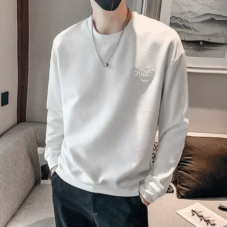 秋季男卫衣t恤打底衫上衣长袖宽松套头潮流刺绣简约百搭痞帅体恤图片