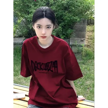 美式复古短袖T恤女落肩夏季2024年新款设计感小众小个子显瘦打底商品大图