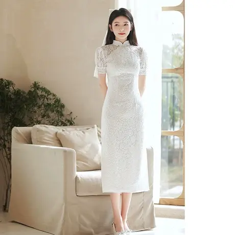 白色旗袍小晚礼服连衣裙平时可穿订婚宴会气质蕾丝登记领证女修身商品大图