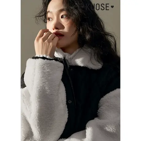 阔色假两件羊羔毛菱格棉服女2022冬季新款夹棉毛毛大衣外套商品大图