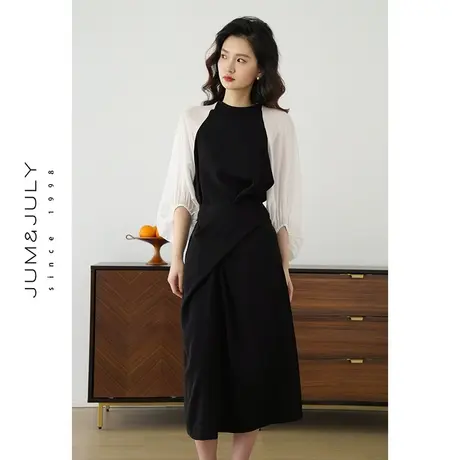 嘉茱莉2024春季新款法式七分袖连衣裙女凉感显瘦长裙双色拼接图片