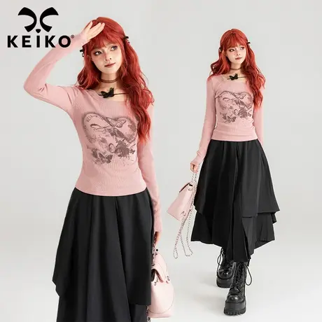 KEIKO 复古蝴蝶印花T恤2024春季甜美风修身显瘦粉色上衣打底衫图片