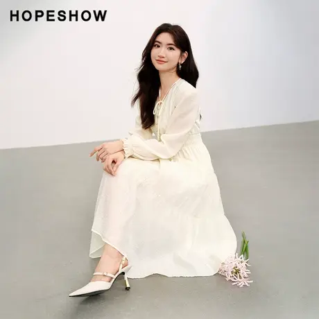 红袖泡泡袖收腰套头连衣裙hopeshow2024春季新款V领淑女茶歇裙女图片