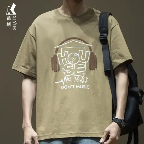 潮牌耳机发泡印花短袖T恤男士2024春季宽松大码重磅三本针体恤男商品大图
