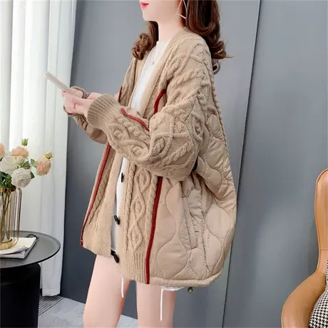 设计感V领毛衣开衫女秋冬2023年新款宽松慵懒风加厚拼接夹棉外套商品大图