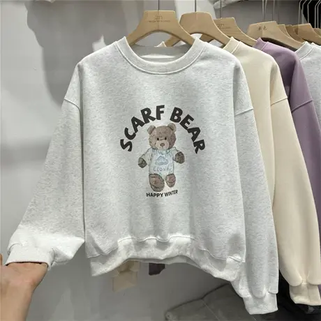 字母小熊印花休闲长袖卫衣女2024年春装新款学院风宽松套头衫上衣商品大图