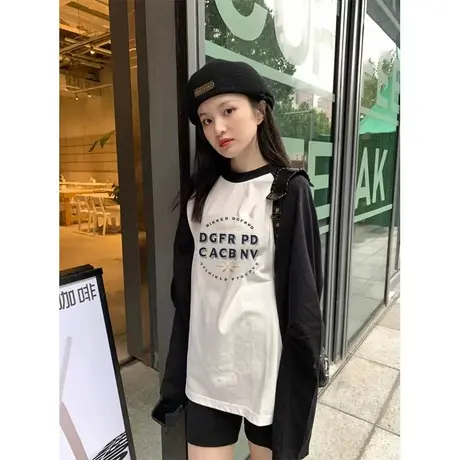 纯棉拼色插肩长袖t恤女秋季2023新款小众设计感宽松打底衫上衣ins图片