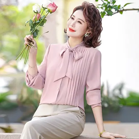 年轻妈妈春秋装韩版蝴蝶结系带长袖雪纺衬衫女中老年宽松打底上衣商品大图