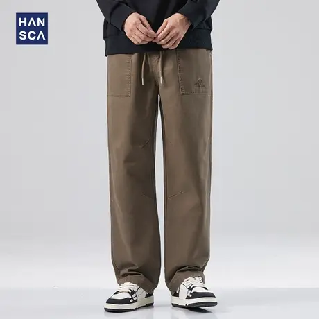hansca纯棉休闲裤男士日系复古秋季潮牌水洗宽松刺绣抽绳直筒长裤商品大图