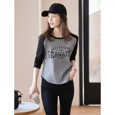 时尚长袖T恤2024年春季新款拼接撞色休闲减龄通勤正肩套头上衣图片