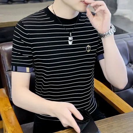 夏天薄款高端冰丝短袖男士t恤潮流韩版圆领条纹针织冰感半袖体恤商品大图