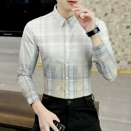 韩版格子衬衫男士长袖休闲百搭高级感男装衬衣春秋季青年帅气上衣商品大图