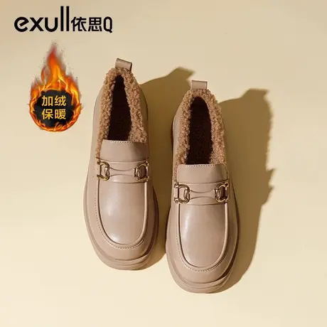 依思q加绒单鞋女2024年新款秋款豆豆鞋一脚蹬女鞋软皮厚底乐福鞋商品大图