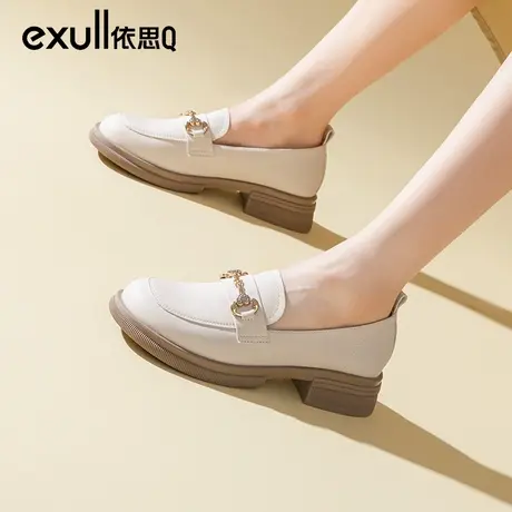 依思q粗跟单鞋女春季2024新款法式气质复古乐福鞋女一脚蹬懒人鞋商品大图