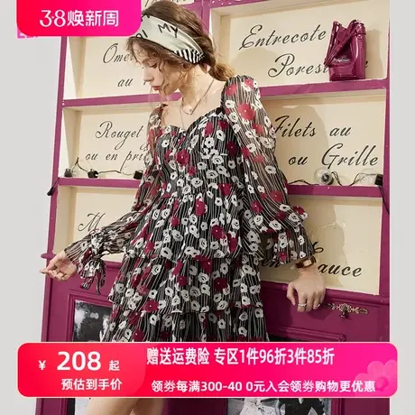 妖精的口袋法式方领碎花长袖连衣裙女2023春季新款宽松气质蛋糕裙图片