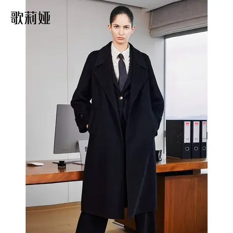歌莉娅双面呢羊毛大衣女2023冬季新款黑色长款羊绒外套1BDC6N1A0图片