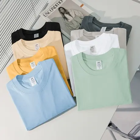 重磅纯棉t恤短袖男女宽松夏季纯色圆领半袖体恤衫全棉内搭打底衫商品大图