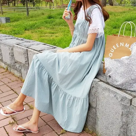 夏装新款压皱吊带棉麻连衣裙女过膝长款韩版荷叶边宽松大码亚麻裙图片