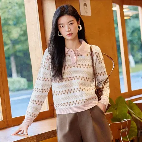 时尚气质套头POLO领毛衣2023年秋季新款淑女温柔宽松显瘦通勤上衣图片