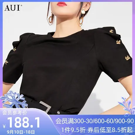 AUI黑色设计感短袖T恤女2023夏新款小众御姐修身百搭高端打底上衣商品大图