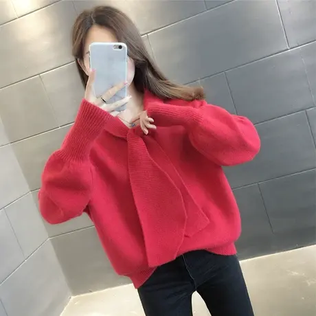 中国红系带领套头毛衣女2023秋冬新款韩版针织打底上衣内搭外套潮图片