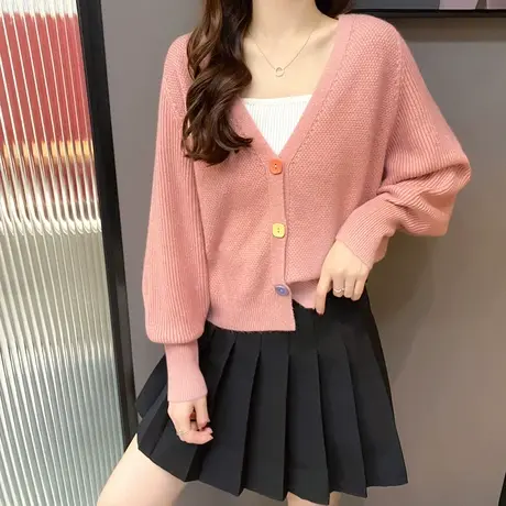 宽松日系外穿毛衣开衫女春秋季新款韩版短款针织外套慵懒风洋气商品大图