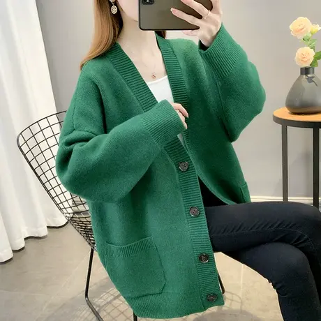 毛衣外套女2023年秋季新款宽松外穿洋气百搭V领单排扣针织开衫女商品大图