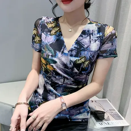 设计感交叉V领T恤女短袖复古印花网纱打底衫性感气质独特修身上衣商品大图