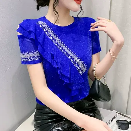 荷叶边小衫女短袖欧货性感露肩T恤夏季洋气烫钻网纱上衣修身半袖图片