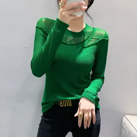 网纱拼接打底衫女长袖秋季2023新款性感镂空上衣气质圆领钉珠T恤商品大图