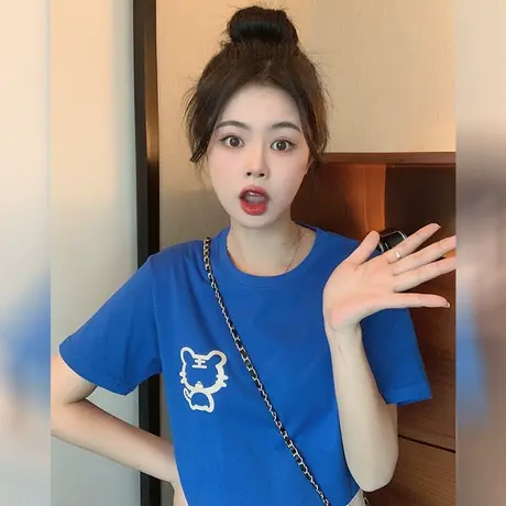 克莱因蓝T恤女老虎印花夏季2023新款韩版宽松圆领纯棉短袖上衣ins商品大图