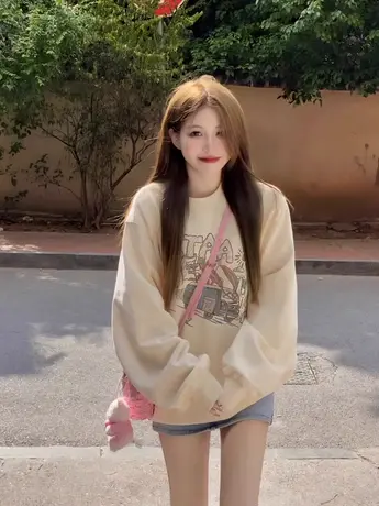 杏色正肩圆领卫衣女秋冬2023薄款oversize设计感小众温柔长袖上衣商品大图