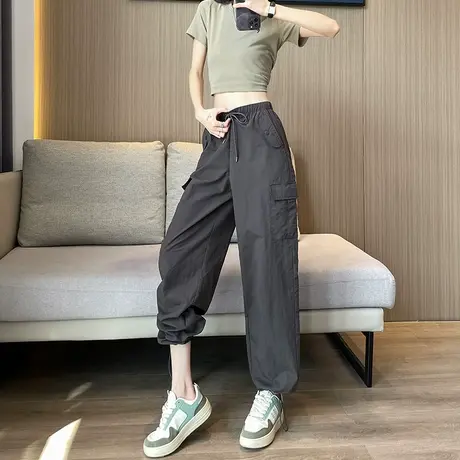 灰色工装阔腿裤女2023年春秋新款高腰宽松显瘦美式休闲两穿束脚裤图片
