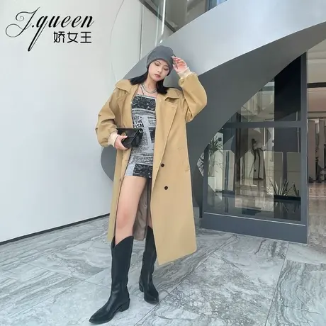 卡其色风衣外套女秋季气质韩版宽松假两件连帽中长款休闲百搭大衣商品大图