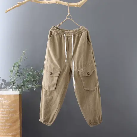 2023年春季新品松紧高腰休闲裤女直筒裤纯色工装裤百搭宽松长裤子图片