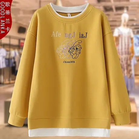 中年胖妈妈春秋休闲洋气上衣大码宽松减龄刺绣圆领假两件卫衣外套商品大图