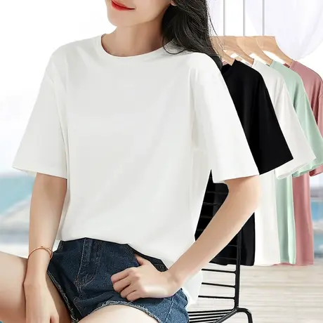白色圆领短袖女2023新款宽松简约基础款上衣百搭显瘦纯色半袖t恤图片