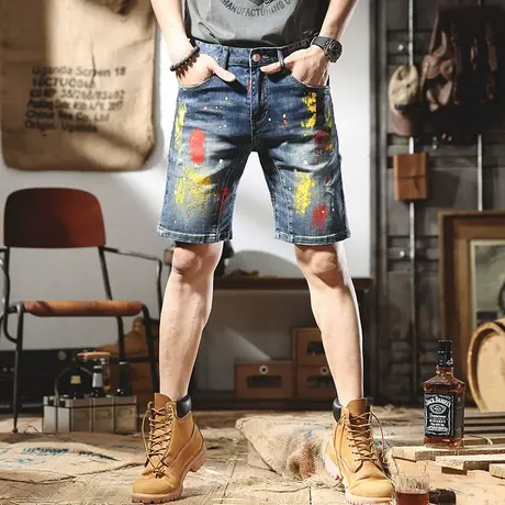 欧货潮牌漆点破洞牛仔短裤男士夏季个性韩版水洗百搭五分裤中裤潮图片