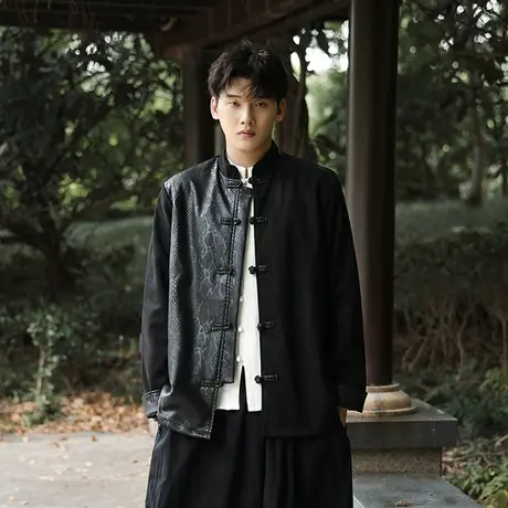 2023新款中国风夹克男撞色拼接麂皮绒新中式唐装汉服盘扣国潮外套商品大图