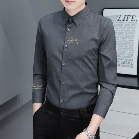 男士纯色长袖衬衫商务正装上衣2023年春秋季新款潮牌高级感衬衣男商品大图