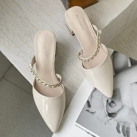 包头半拖鞋女夏外穿2023年新款中跟尖头仙女风珍珠粗跟穆勒凉拖鞋商品大图